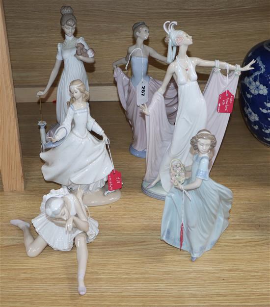 Six Lladro figurines: Travelling Companions, Cinderella, Spring Enchantment, Death of a Swan, Dancing Lady and Grand Dame